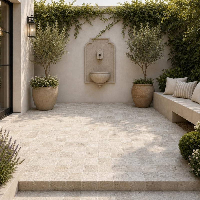 Philadelphia Travertine Paver 6x6 Tumbled 1.25 inch — Courtyard paving