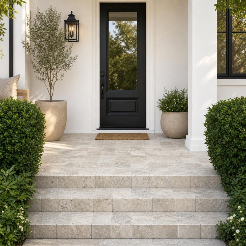 Philadelphia Travertine Paver 6x6 Tumbled 1.25 inch — Front Yard front porch