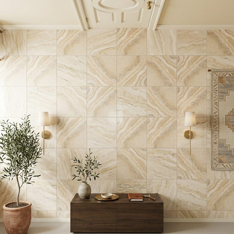 Philadelphia Travertine Tile 12x12 Filled, Honed — Hallway floor