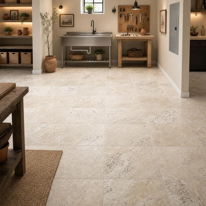 Philadelphia Travertine Tile 12x12 Tumbled — Basement floor