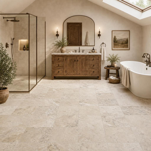 Philadelphia Travertine Tile 12x12 Tumbled — Bathroom floor