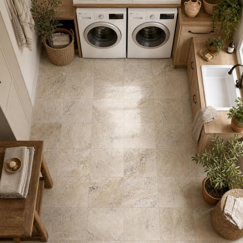 Philadelphia Travertine Tile 12x12 Tumbled — Laundry Room floor