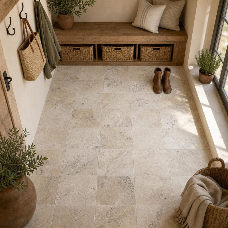 Philadelphia Travertine Tile 12x12 Tumbled — Mudroom floor