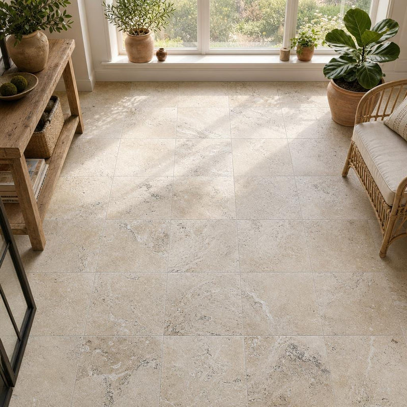 Philadelphia Travertine Tile 12x12 Tumbled — Sunroom floor