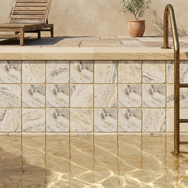 Philadelphia Travertine Tile 4x4 Tumbled — Swimming Pool waterline