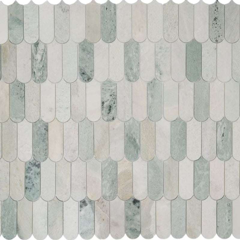Piano Green 1x2 marble mosaic with elongated pieces in pale green, white, and beige tones.