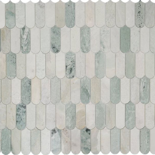Piano Green 1x2 marble mosaic with elongated pieces in pale green, white, and beige tones.