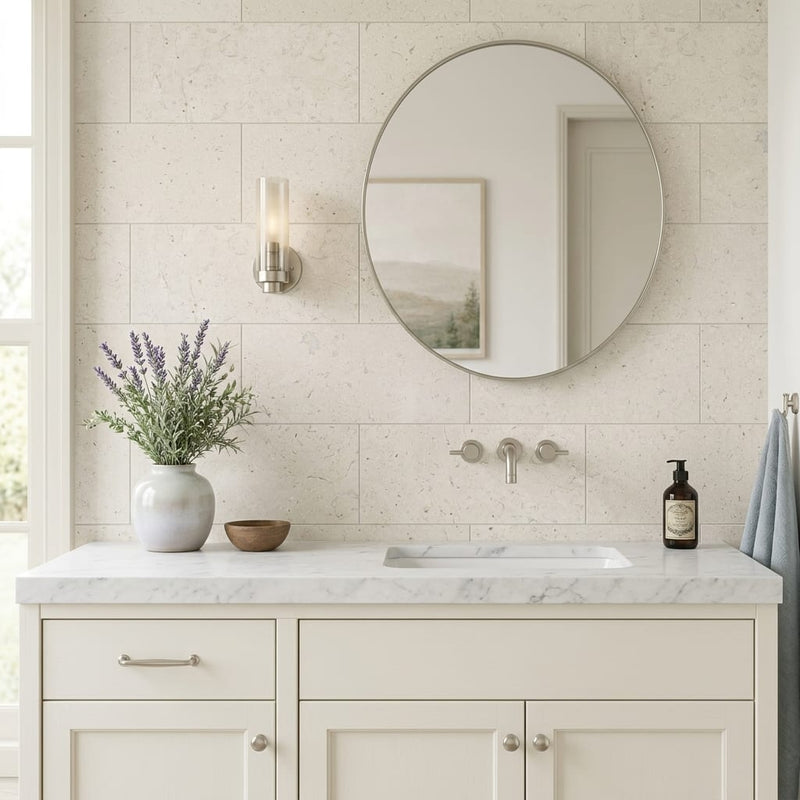 Piedra Caliza Limestone Tile 12x24 Leathered — Bathroom vanity wall
