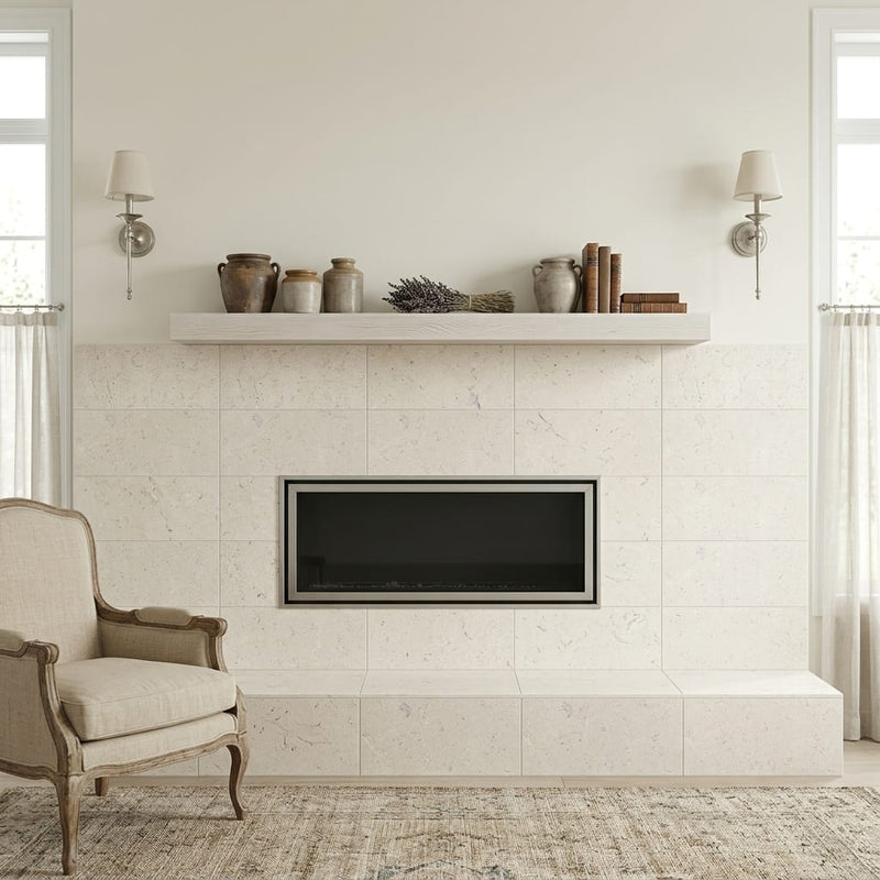 Piedra Caliza Limestone Tile 12x24 Leathered — Living Room fireplace surround