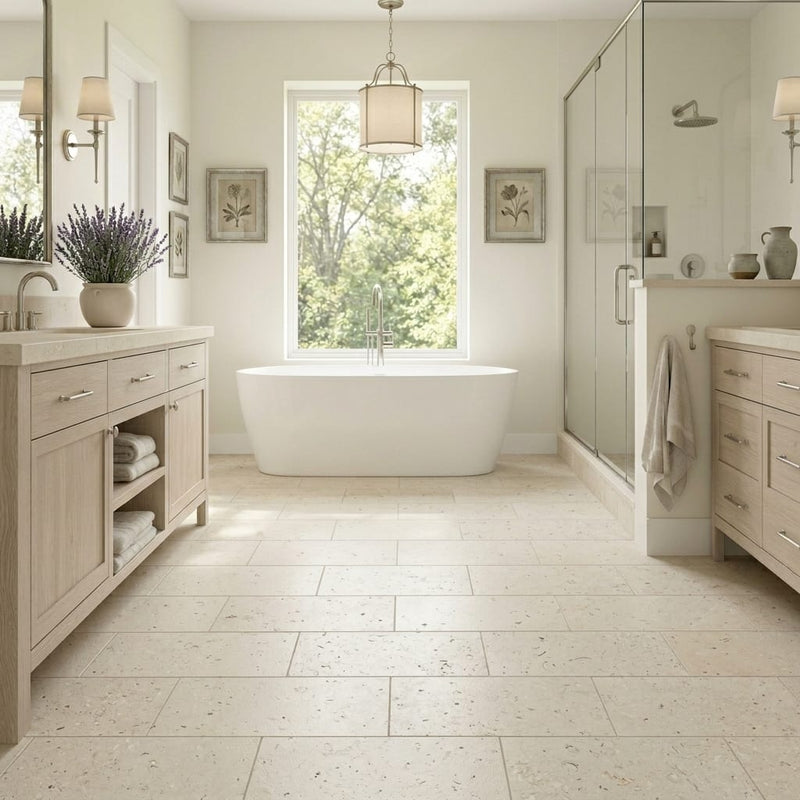 Piedra Caliza Limestone Tile 12x24 Leathered — Primary Bath floor