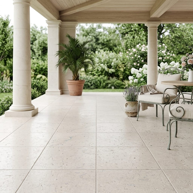 Piedra Caliza Limestone Tile 18x18 Leathered — Covered Patio floor