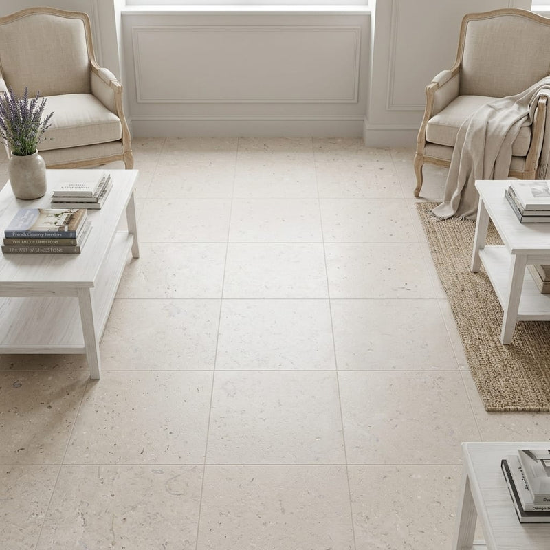 Piedra Caliza Limestone Tile 18x18 Leathered — Family Room floor