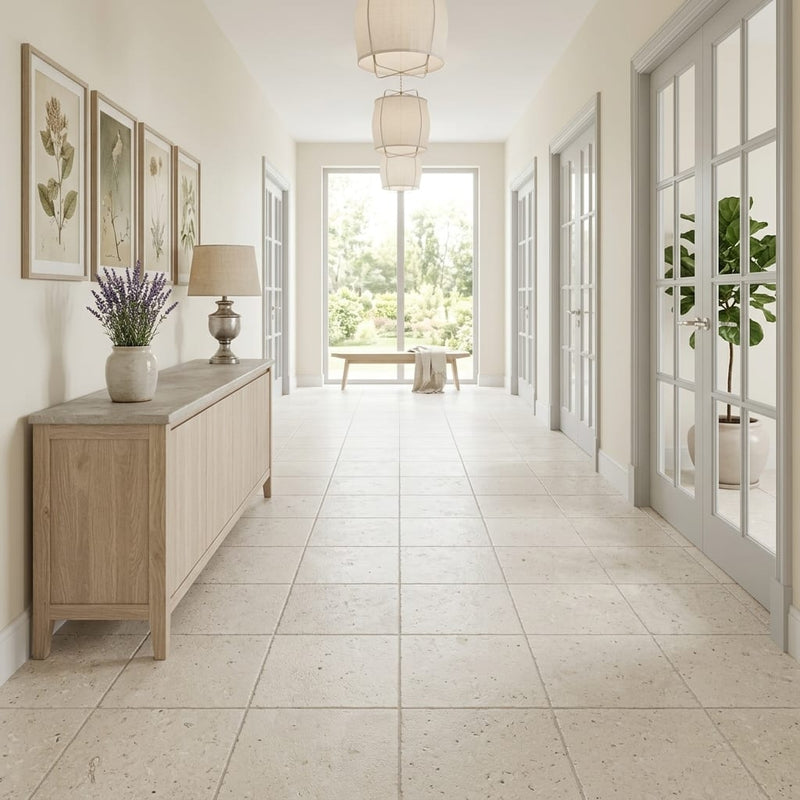 Piedra Caliza Limestone Tile 18x18 Leathered — Hallway floor