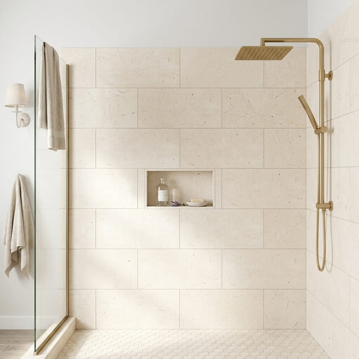 Piedra Crema Limestone Tile 12x24 Leathered — Bathroom shower wall