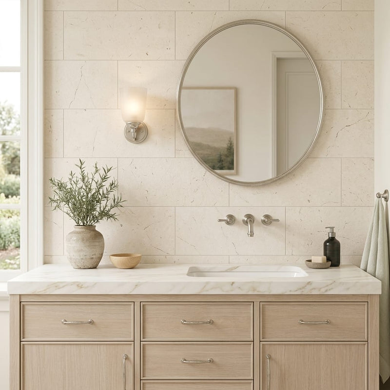 Piedra Crema Limestone Tile 12x24 Leathered — Bathroom vanity wall