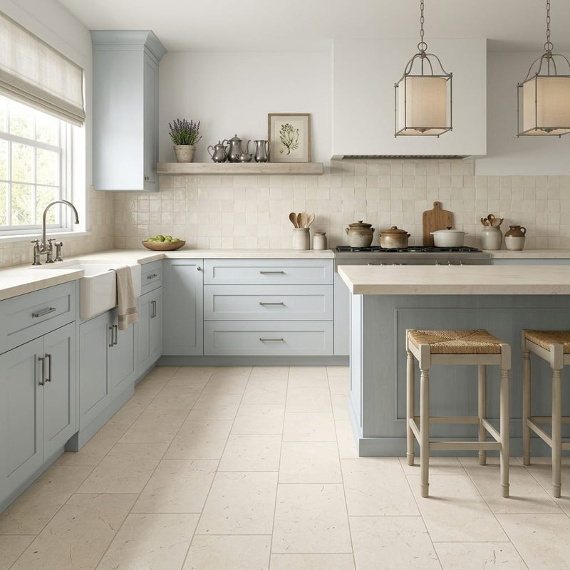 Piedra Crema Limestone Tile 12x24 Leathered — Kitchen floor