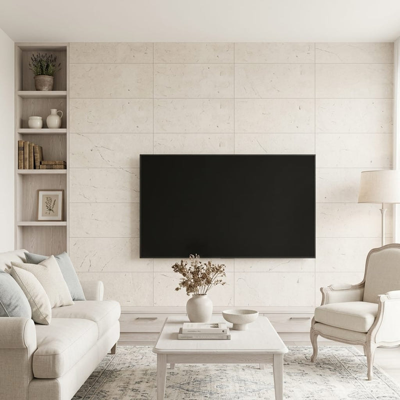 Piedra Crema Limestone Tile 12x24 Leathered — Living Room feature wall