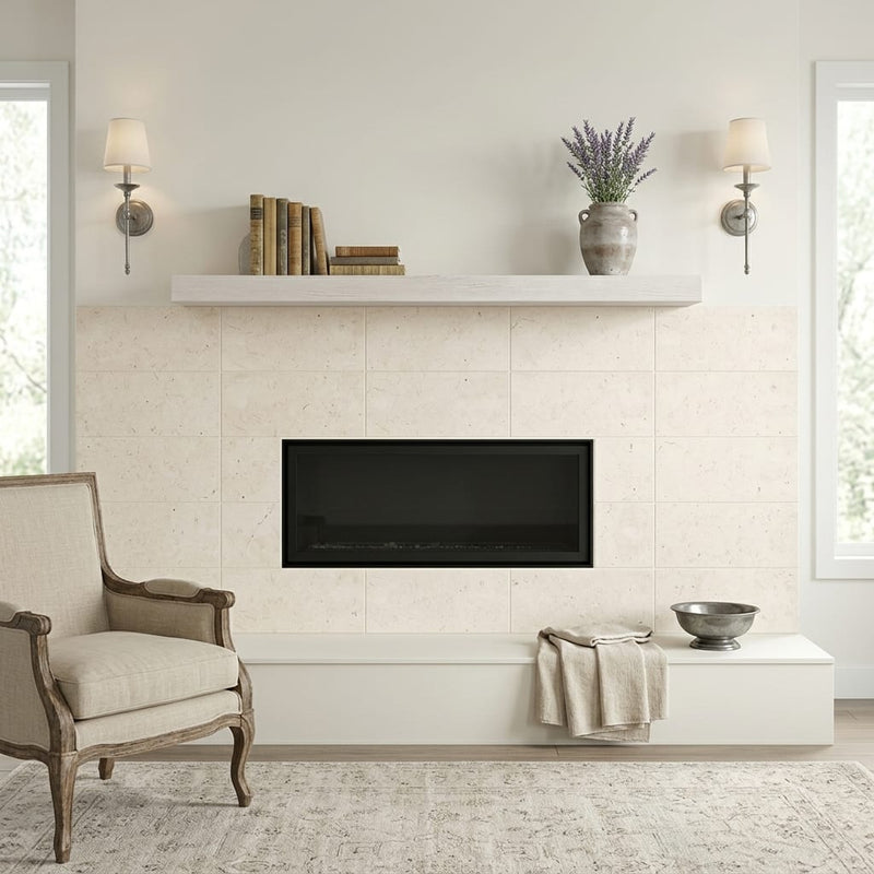 Piedra Crema Limestone Tile 12x24 Leathered — Living Room fireplace surround