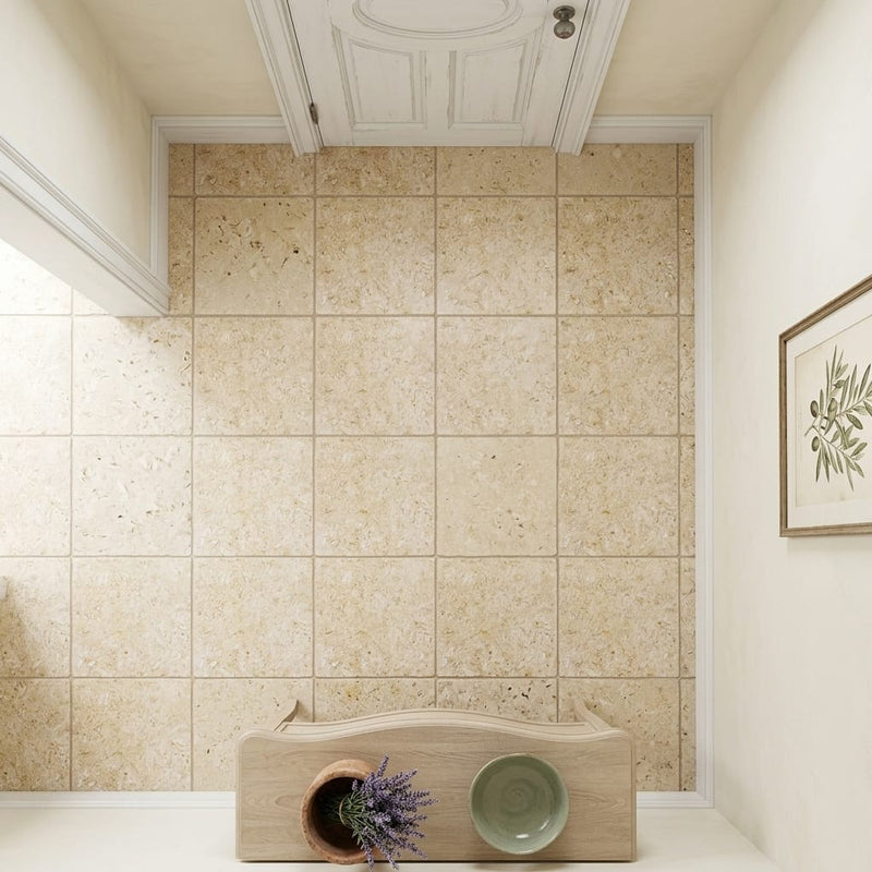 Piedra Sole Limestone Tile 12x12 Leathered — Hallway floor