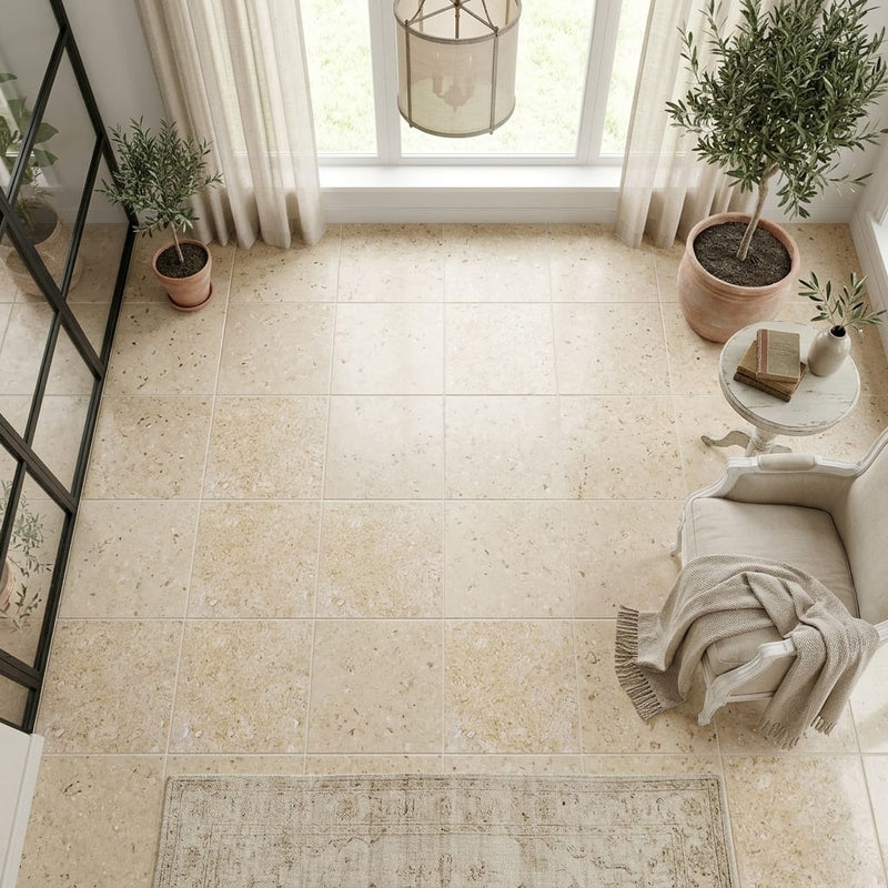 Piedra Sole Limestone Tile 12x12 Leathered — Sunroom floor