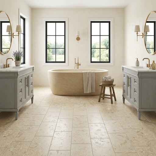 Piedra Sole Limestone Tile 12x24 Leathered — Bathroom floor
