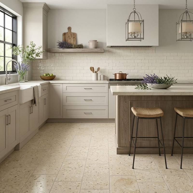 Piedra Sole Limestone Tile 12x24 Leathered — Kitchen floor