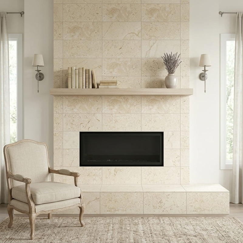 Piedra Sole Limestone Tile 12x24 Leathered — Living Room fireplace surround
