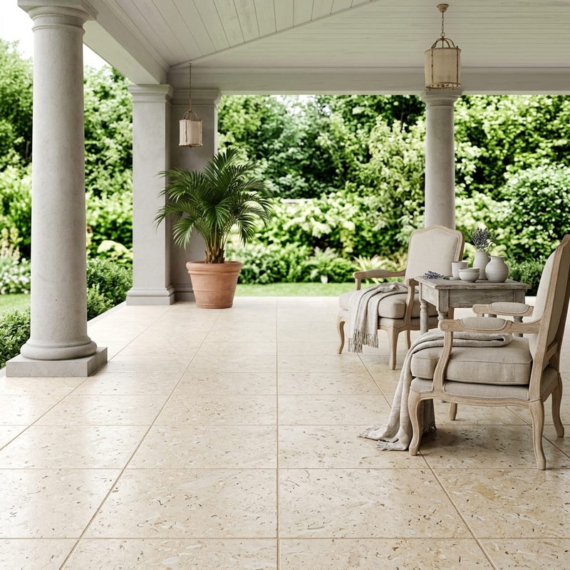 Piedra Sole Limestone Tile 18x18 Leathered — Covered Patio floor