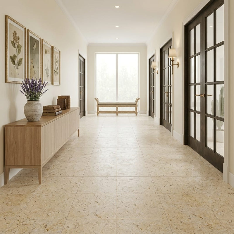 Piedra Sole Limestone Tile 18x18 Leathered — Hallway floor
