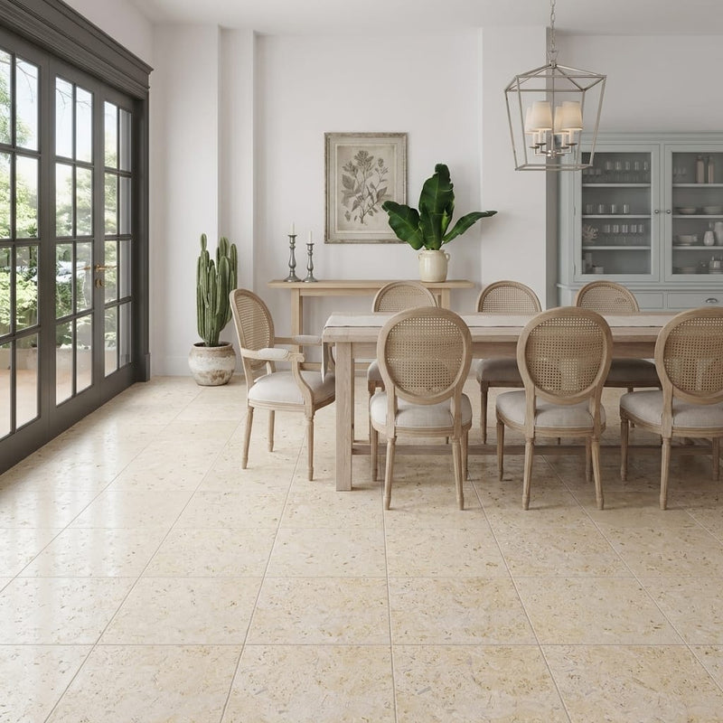 Piedra Sole Limestone Tile 18x18 Leathered — Living Room floor