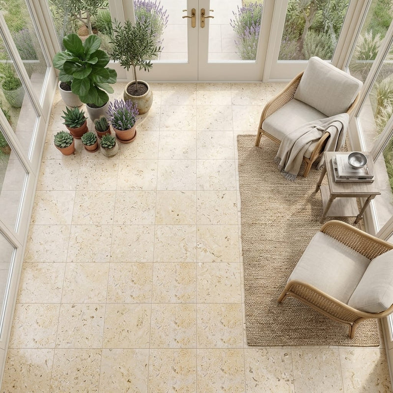 Piedra Sole Limestone Tile 18x18 Leathered — Sunroom floor