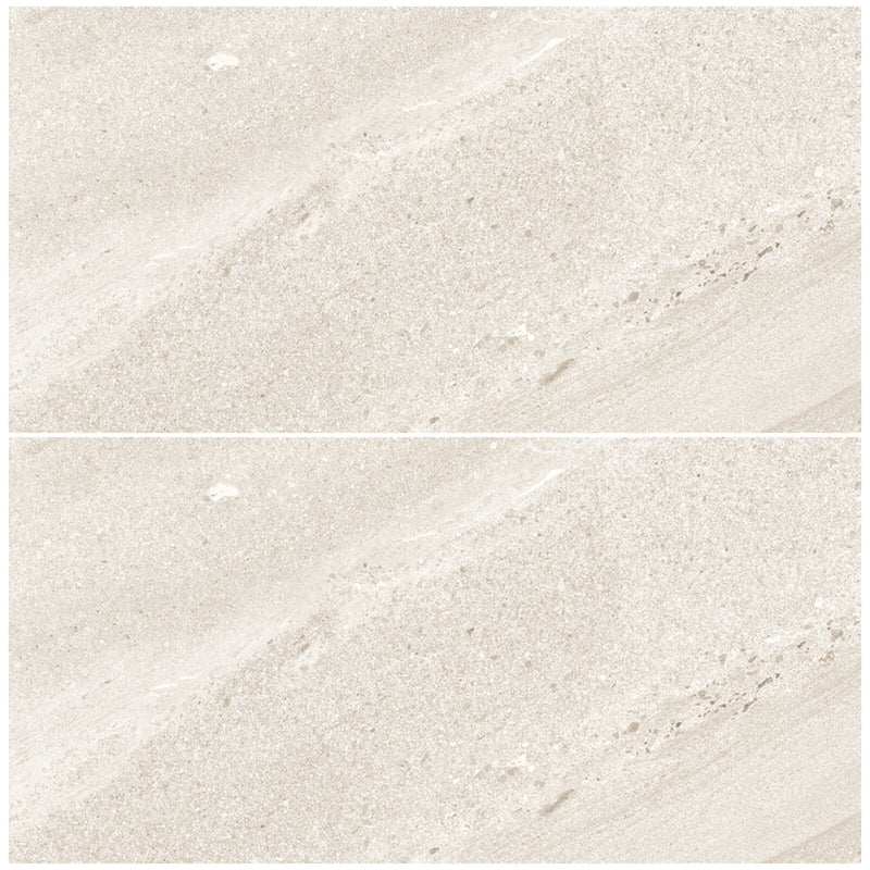 Two views of Piemme Journey Otta matte porcelain tile with warm ivory stone texture and softly scattered mineral details.