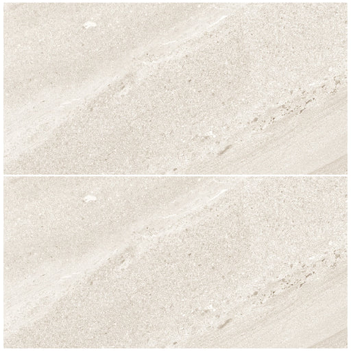 Two views of Piemme Journey Otta matte porcelain tile with warm ivory stone texture and softly scattered mineral details.