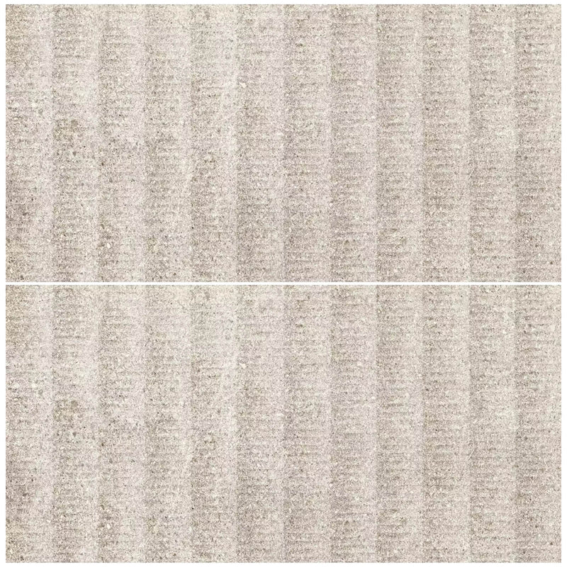 Two views of Piemme Journey Sarek Flute matte porcelain tile, showing warm beige stone texture and narrow vertical bands.