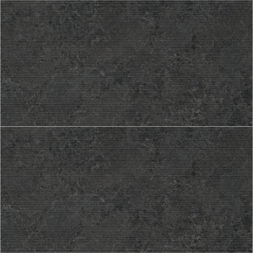 Two dark Piemme Limestone Belgian Black rectangular tiles with fine horizontal ribbing and subtle stone markings.