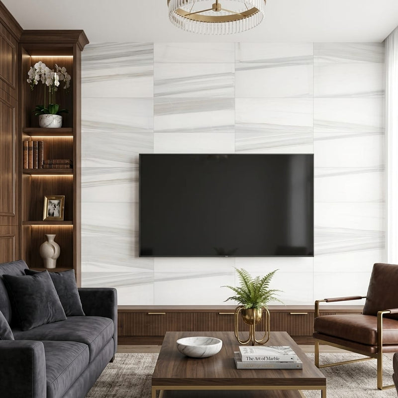 Pietra Divina Marble Tile Calacatta Dolomiti Honed 12x24 — Living Room feature wall