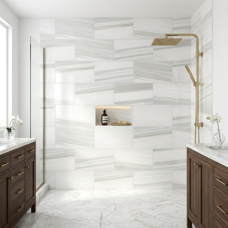 Pietra Divina Marble Tile in Calacatta Dolomiti, Size 12x24 — Bathroom shower wall