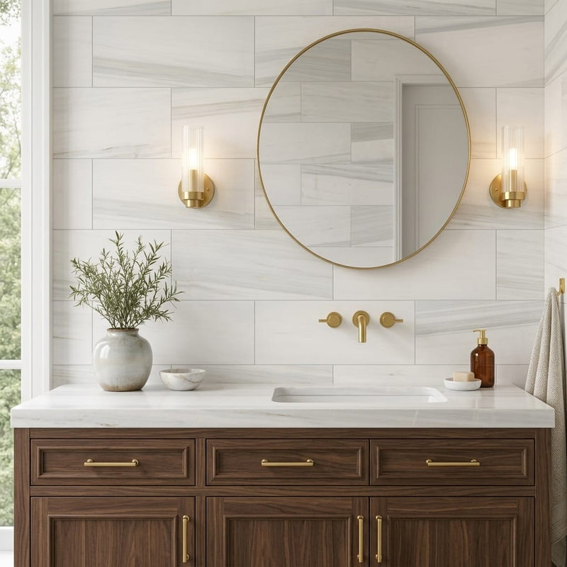 Pietra Divina Marble Tile in Calacatta Dolomiti, Size 12x24 — Bathroom vanity wall