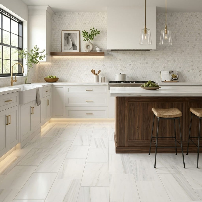 Pietra Divina Marble Tile in Calacatta Dolomiti, Size 12x24 — Kitchen floor