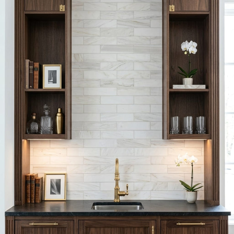 Pietra Divina Marble Tile Calacatta Dolomiti Honed 4x12 — Wet Bar backsplash