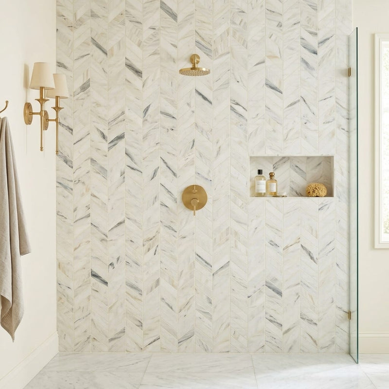 Pietra Divina Chevron Marble Mosaic in Namaste - 1.5x5 Size 2x6 — Bathroom shower wall