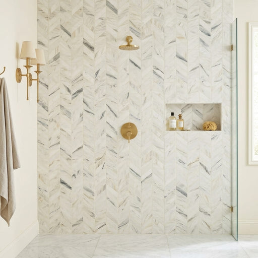 Pietra Divina Chevron Marble Mosaic in Namaste - 1.5x5 Size 2x6 — Bathroom shower wall