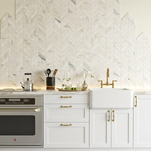 Pietra Divina Chevron Marble Mosaic in Namaste - 1.5x5 Size 2x6 — Kitchen backsplash