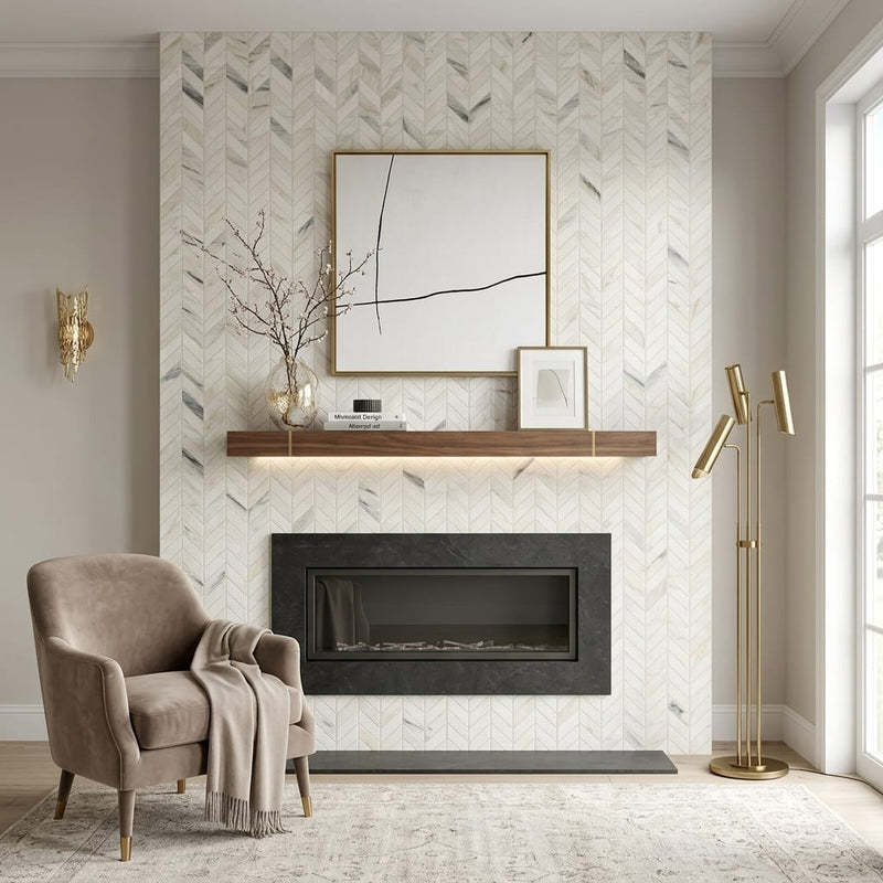 Pietra Divina Chevron Marble Mosaic in Namaste - 1.5x5 Size 2x6 — Living Room accent wall