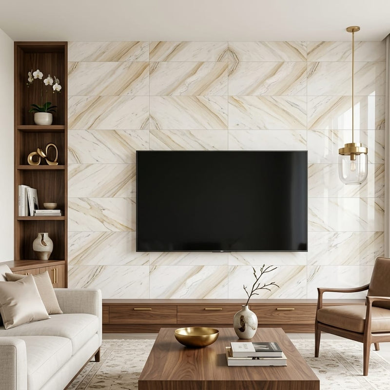 Pietra Divina Namaste Marble Tile 12x24 Polished 3/8 inch — Living Room feature wall