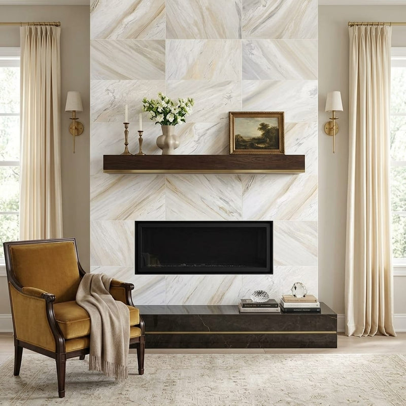 Pietra Divina Namaste Marble Tile 12x24 Polished 3/8 inch — Living Room fireplace surround