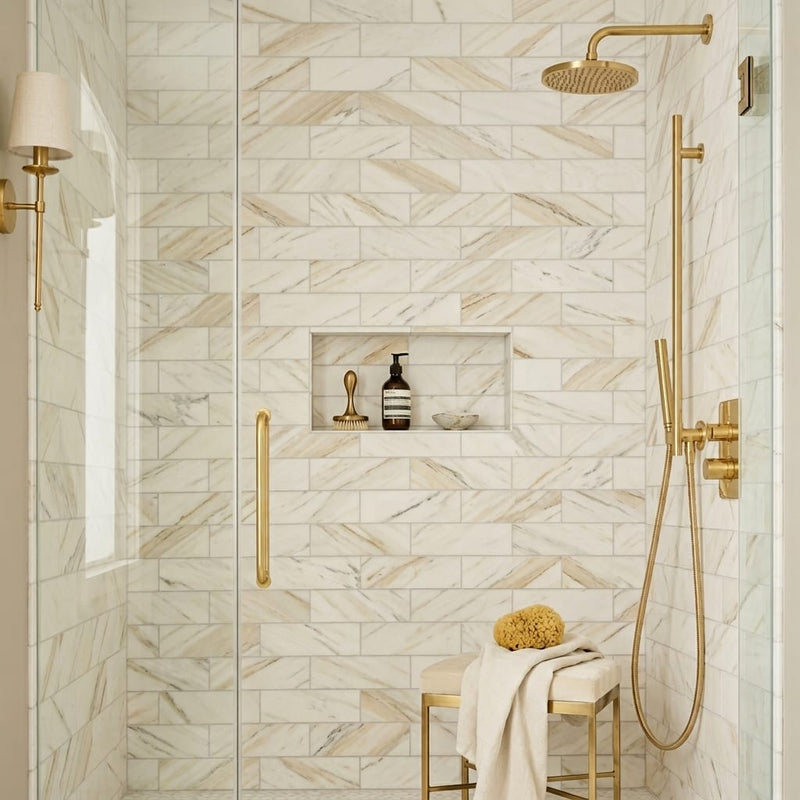 Pietra Divina Marble Tile - Namaste, Honed, 4x12, 3/8 inch — Bathroom shower wall