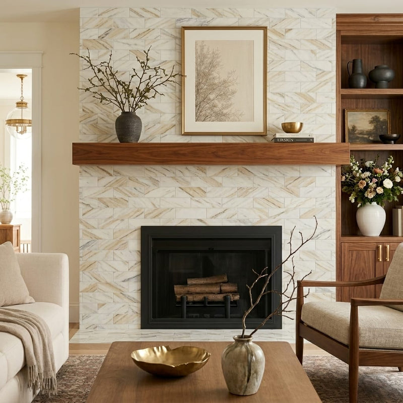 Pietra Divina Marble Tile - Namaste, Honed, 4x12, 3/8 inch — Living Room fireplace surround