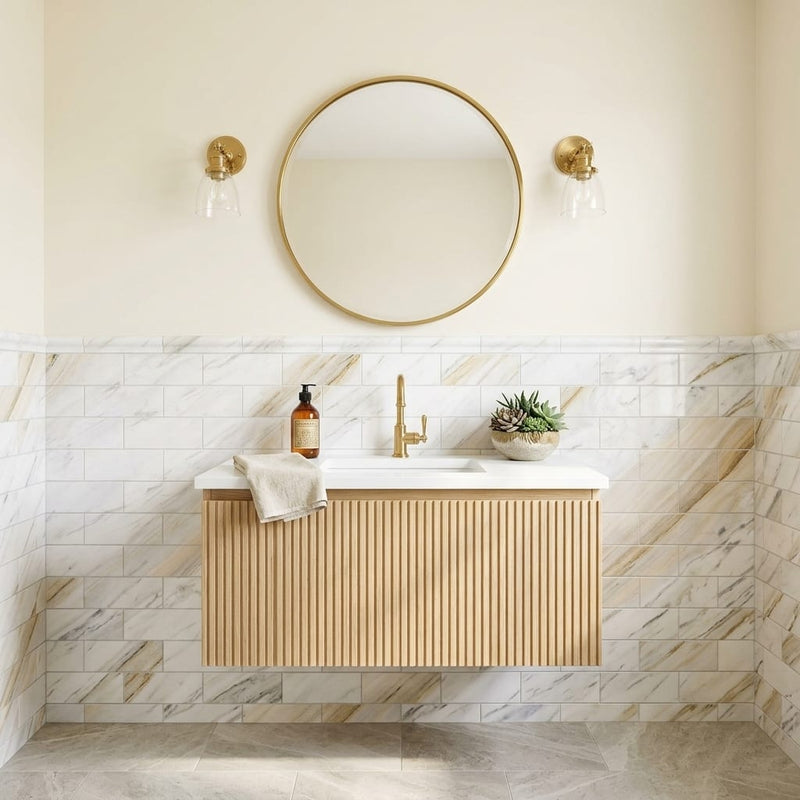 Pietra Divina Marble Tile - Namaste, Honed, 4x12, 3/8 inch — Powder Room wainscot