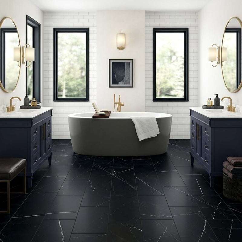 Pietra Divina Nero Marquina Marble Tile 12x24 Honed 3/8 inch — Bathroom floor